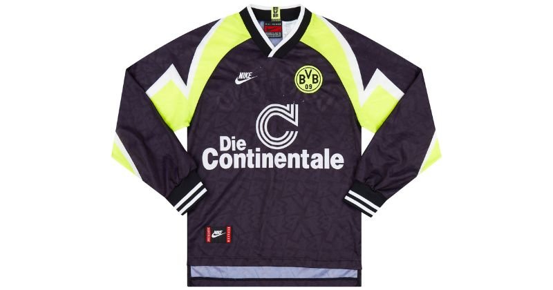 borussia dortmund 1995-96 away shirt in black with neon yellow details